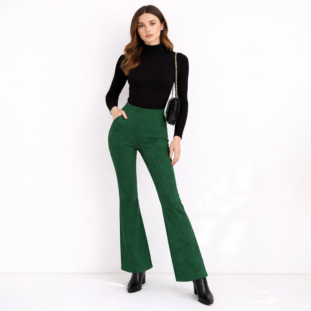 Zara Jacquard Green Black Flare Pants Retro Bootcut Stretch Leggings Size M